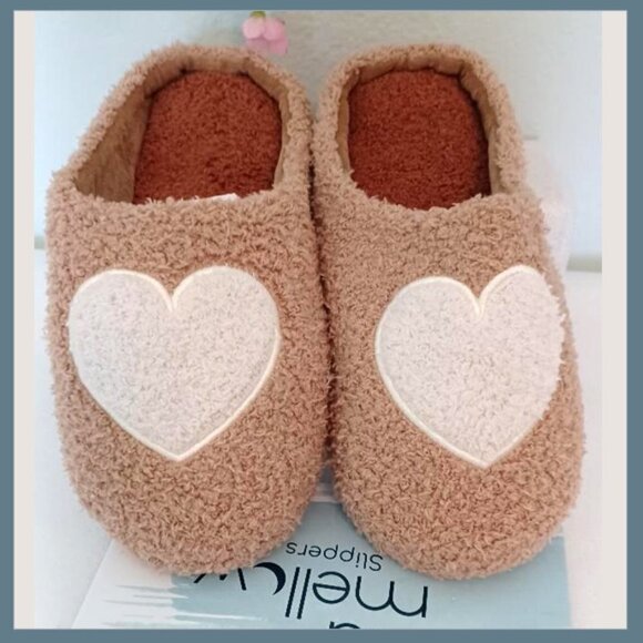 Luna Mellow Shoes - Luna Mellow Beige & White Heart Slippers, Heart Slippers, Women's Slippers